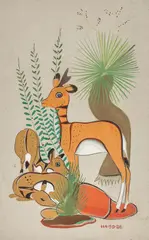 Abeyta, Narciso Platero, Ha-So-De, Deer with Fawns, undated, gouache on gray paper