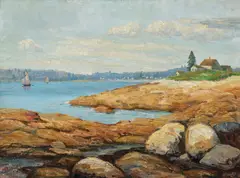 J.C. Hallam, View of Lakehouse with Sailboats, oil on board, c. 1920's, serene view of a lake house and sailboats from the water's edge