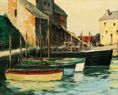 Jonas Lie, Fishing Boats in Harbor, oil on canvasboard