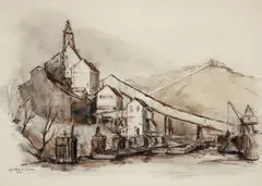 Mill Scene by Cynthia Cooley, 1970, mixed media on paper, with ink and watercolor, offered Jun 2023