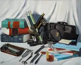 Scientific Still life with Medical Books, Bag, Microscope and Instruments, undated by Judy Banks, oil on Masonite board, offered Jun 2023