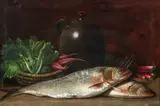 Albert Francis King, Still Life with Fish, Jug, Turnips, Asparagus, and Rhubarb
