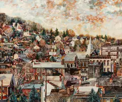 First Congregational, Etna, PA by Robert Schmalzried, 1983, mixed media on board, offered Jun 2023
