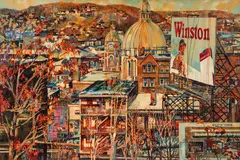 Immaculate Heart of Mary, Polish Hill, Pittsburgh, PA by Robert Schmalzried, oil and offset print collage on masonite, offered Jun 2023