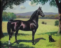 George Ford Morris, Black Horse and Scottish Terrier in a Summer Field, 1950, oil on canvasboard