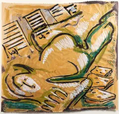 Markus Oehlen, Untitled Reclining Figure of a Woman in an Urban Setting, 1984, mixed media on tan paper
