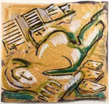Markus Oehlen, Untitled Reclining Figure of a Woman in an Urban Setting, 1984, mixed media on tan paper