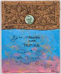 Drawing Over Painting With Punch by William T. Wiley, 2005, mixed media with oil, marker and button on cardboard, offered Jun 2023