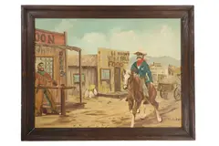 Untitled by Beckett, oil/ board sheriff patrol painting 1930-40, offered May 2024