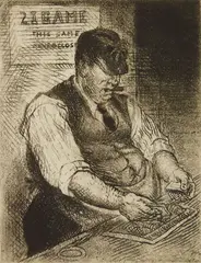 Minna Citron, The Dealer soft-ground, etching, 1985