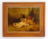 George Armfield, Three Dogs in Barn oil on board, oil