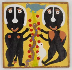 Annie Tolliver, Adam and Eve and Fruit Tree and Birds and Snake, oil on wood, 1997