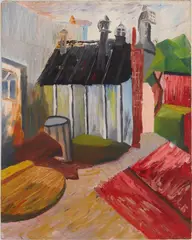 House with Red Shapes by Charles E. Harris, oil on canvasboard, estate, offered Jan 2024