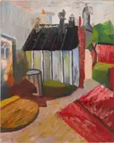 Charles E. Harris, House with Red Shapes, oil on canvasboard, estate