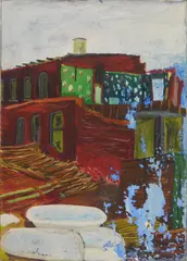 Rooftops by Charles E. Harris, oil on canvasboard, estate, offered Jan 2024