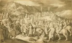 Nicolaes de Bruyn, The Crucifixion, engraving. 16 7/16 x 27 1/4"