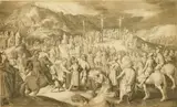 Nicolaes de Bruyn, The Crucifixion, engraving. 16 7/16 x 27 1/4"