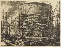 Building Ships: On The Stocks by Muirhead Bone, lithograph, ca. 1917, offered Feb 2024