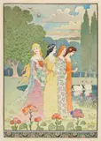 Alexandre Graverol, Four Beauties, watercolor on paper with decorative lower border, initialed lower right