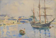 Albert Ludovici, Harbor View with Boatman, watercolor on paper