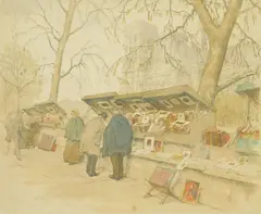Tavik F Simon, Bookstalls on the Quai de Montebello, etching in colors
