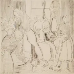 Paula Wimmer, Frauen bei der Arbeit, etching with hand-coloring, ca. 1920