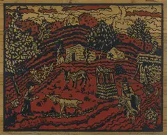 Emil Armin, Mountain Farm, Santa Fe, woodcut in two colors on wood veneer