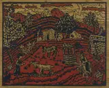 Emil Armin, Mountain Farm, Santa Fe, woodcut in two colors on wood veneer