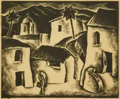 Taxco by Ray Bethers, woodcut, offered Feb 2024