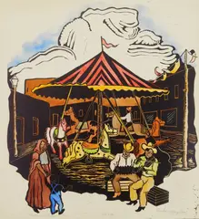 Barbara Maples, Taos, NM, woodcut with hand-coloring