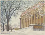 Louis Novak, The Widener Library wood, engraving in color, 1948