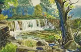 Kinley Shogren, Old Stone Dam, rocky river, watercolor on paper, 1958