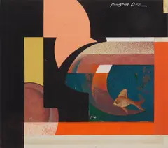 Fish by Norbert Lenz, mixed media with collage, offered Feb 2024