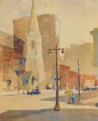 John J. Dull, City Street Scene, watercolor on paper