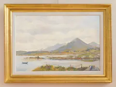 Stanley Pettigrew, Landscape with Sea and Mountains, oil on canvasboard