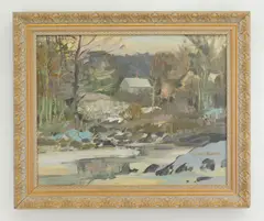 House in Winter by James E. Hughes, oil on canvas, ca. 1987, offered Dec 2023