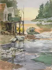 Sunrise, Back Cove by James E. Hughes, watercolor on paper, 1991, offered Dec 2023