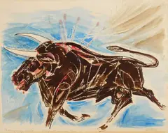 Stephen Longstreet, Hemingway's World- Bullfight- Madrid, Spain, watercolor on paper, glued to cardboard support