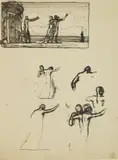 Rockwell Kent, Preliminary Studies, pen and ink on paper, the artist's ink stamp lower right