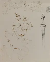 Louis Bosa, Study of Monks, pen and ink on grey paper