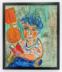 Woman with Blue Hair Reading by Sid Rheuban, acrylic on canvas, singed S. Rheuban lower right, offered Oct 2023