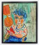 Sid Rheuban, Woman with Blue Hair Reading, acrylic on canvas, singed S. Rheuban lower right