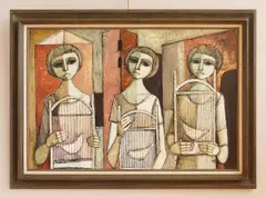 Lucio Ranucci, Three Woman with Birds in Cages, oil on canvas, 1970