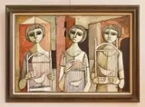 Lucio Ranucci, Three Woman with Birds in Cages, oil on canvas, 1970