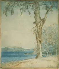 Ozias Dodge, Landscape with Lake, etching in colors, initialed 'OD' in
