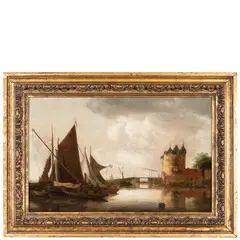 Frans de Hulst, Paesaggio fluviale con barche e castello / Firmato FD Hulst sulla barca, oil on panel
