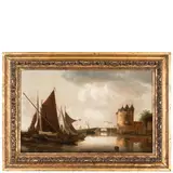 Frans de Hulst, Paesaggio fluviale con barche e castello / Firmato FD Hulst sulla barca, oil on panel