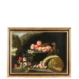 Felice Rubbiani, Paesaggio con natura morta con fiori, frutti e pappagallo, oil on canvas