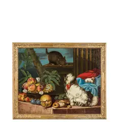 Giacomo Nani, Natura morta con frutti, cane e gatto, oil on canvas
