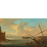 Adrien Manglard, Veduta costiera con vascelli, oil on canvas